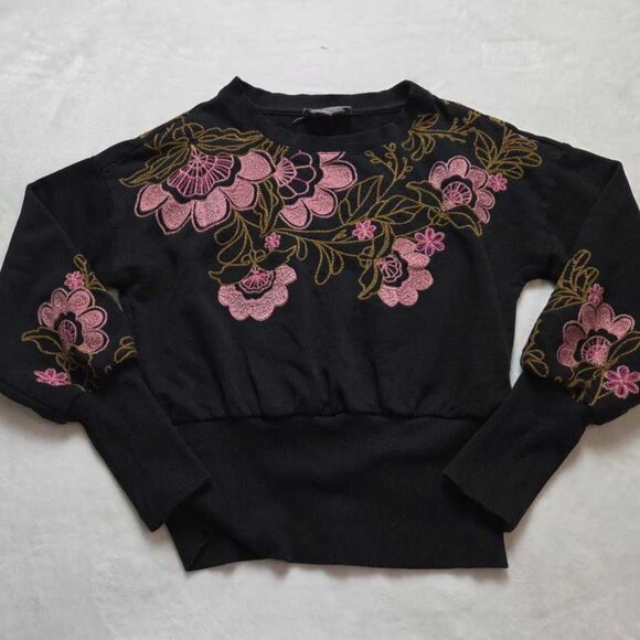 XXS By Anthropologie embroidered floral sweatshirt sweater in black - Picture 1 of 10